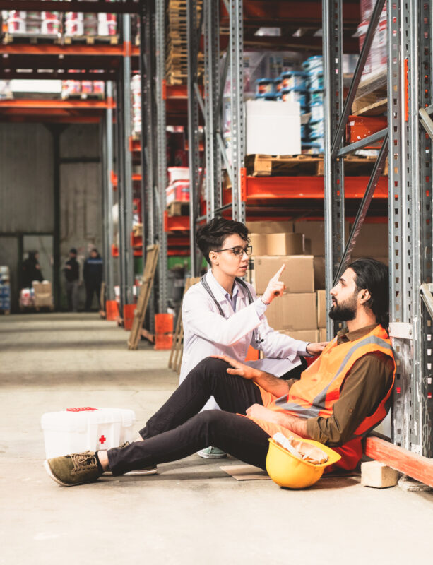 young-female-giving-first-aid-to-one-of-warehouse-workers